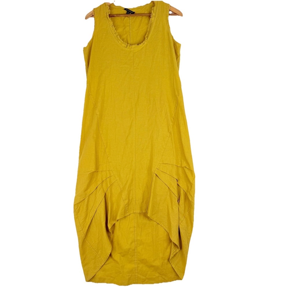 For Cynthia Dress Sleeveless Hi-Low Hem lagenlook Linen Blend mustard SZ-S